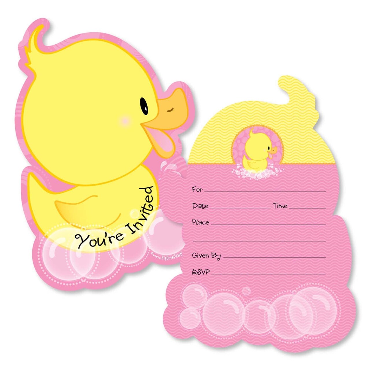 Big Dot of Happiness Pink Ducky Duck - Shaped Fill-in Invitations - Baby Shower or Birthday Party Invitation Cards with Envelopes - Set of 12